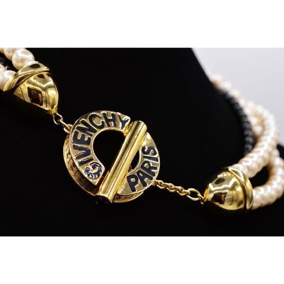 Givenchy Vintage Logo Collar Necklace Paris Toggle Pearl Black White Chunky BinG - Picture 3 of 12